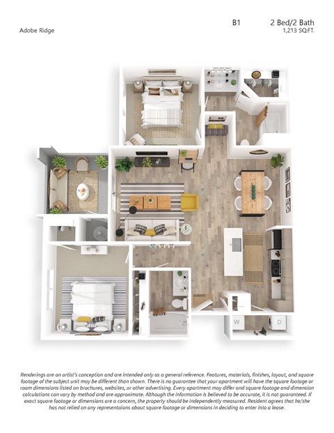 Two Bedroom Two Bath Premium Or Luxury Floor Plan 1213 sqft